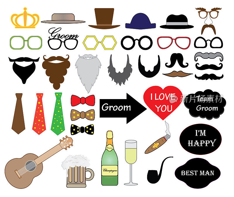Stag party (wedding) set, vector, photo booth props